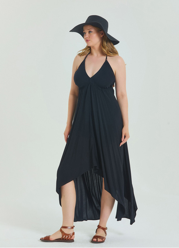 V Neck Backless Halter Neck Black Plus Size Dress 4663